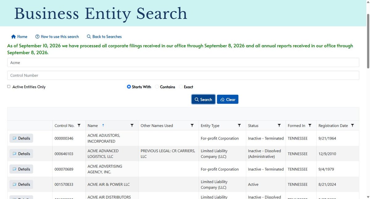 Tennessee business entity search results on tncab.tnsos.gov, listing a Details button, the control number, the name, other names used, labelled as previous legal names, the entity type, its status, where it was formed and the registration date for each entity.