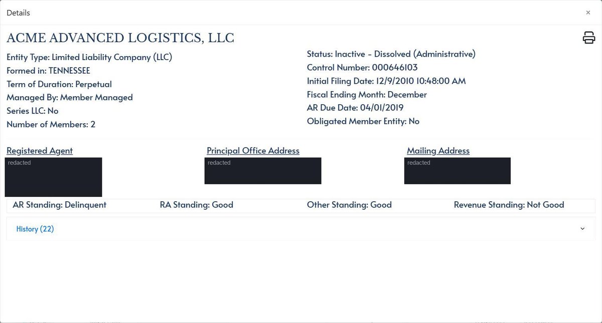 A single business entity record on the Tennessee register at tncab.tnsos.gov, showing entity type and where it was formed, term of duration, whether it is member managed or manager managed, whether it is a series LLC, how many members it has, status and control number. Personal names and addresses in this image are redacted.