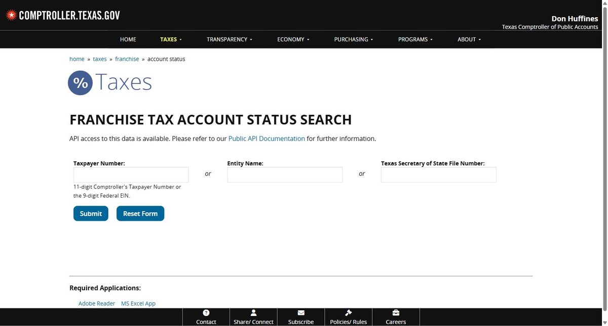 The Texas franchise tax account status search, which is what the free Texas lookup actually is: a Comptroller search, not a corporations search.