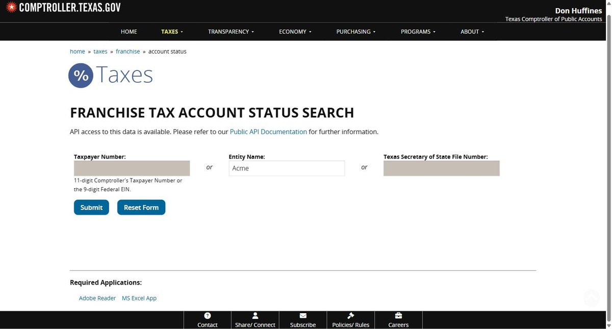 The Texas search form with one field filled and the others greyed out, because the search takes a taxpayer number, an entity name or a file number but not a combination.