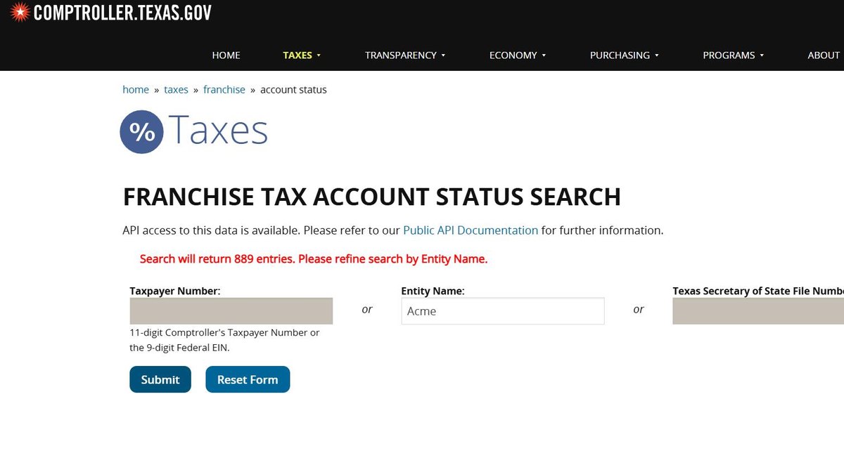 Texas returning no list at all for a broad business name search, only a line in red giving the number of entries the search would return and asking you to refine it.