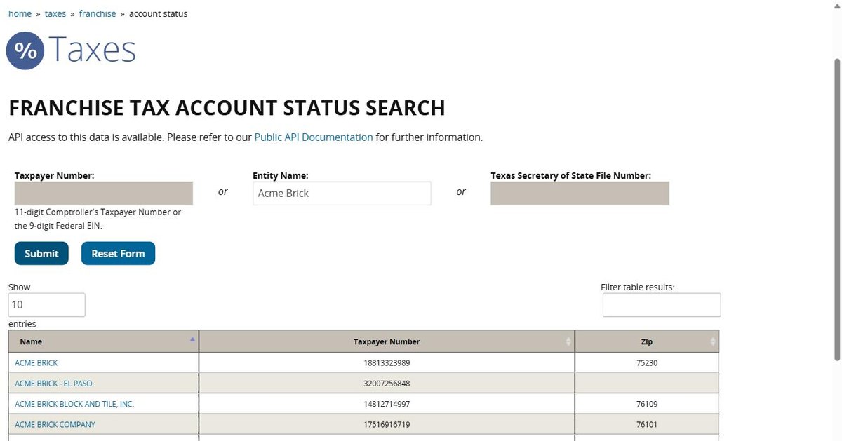 Texas business entity search results on comptroller.texas.gov, listing name, taxpayer number and zip for each entity.