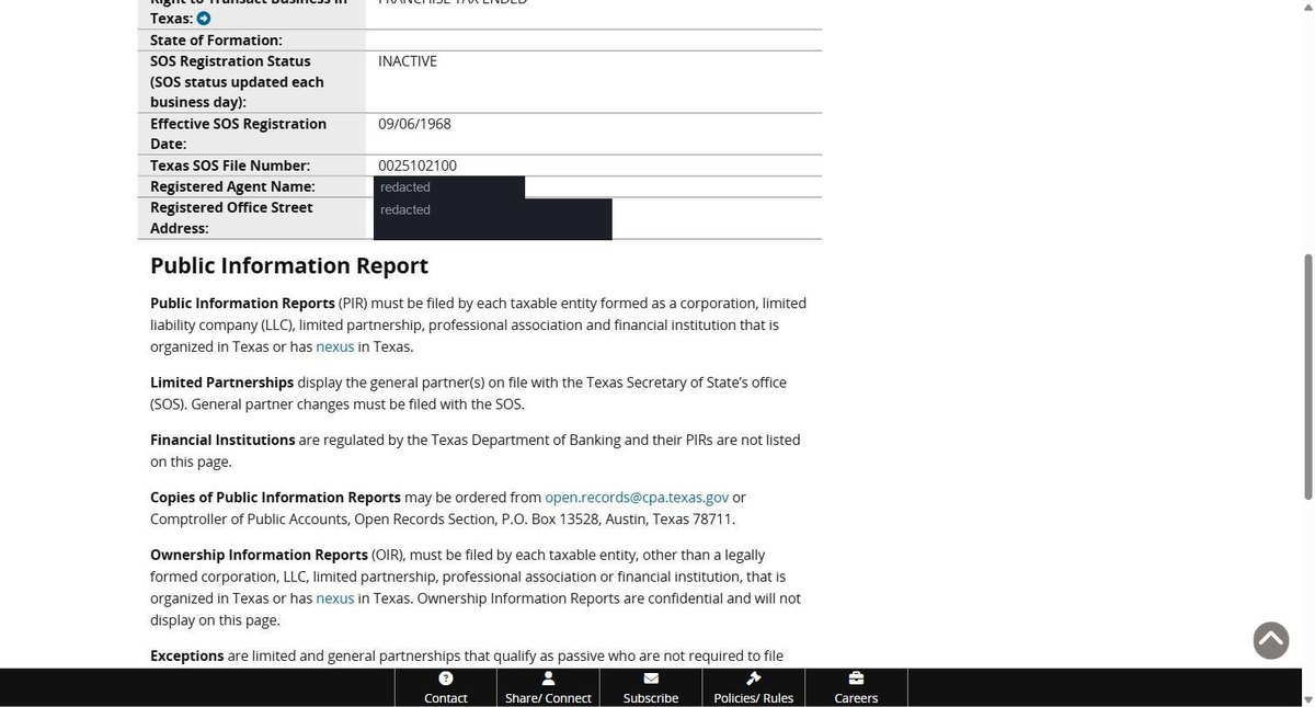 A single business entity record on the Texas register at comptroller.texas.gov, showing Texas taxpayer number, mailing address, Right to Transact Business in Texas, state of formation, SOS registration status noted as updated each business day, effective SOS registration date. Personal names and addresses in this image are redacted.