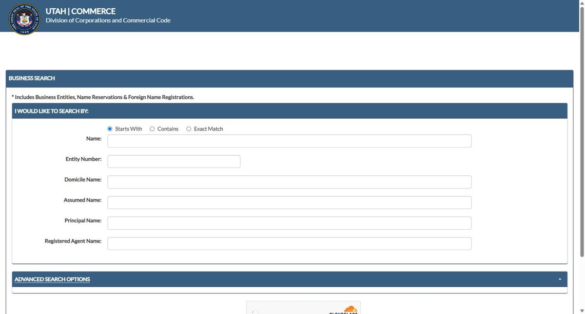 The Utah business entity search on businessregistration.utah.gov, run by the Utah Division of Corporations and Commercial Code, offering name, entity number, domicile name and assumed name.