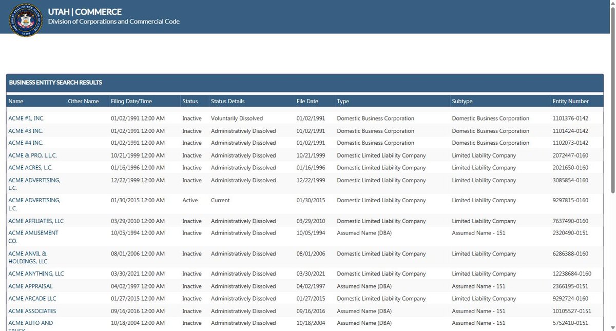 Utah business entity search results on businessregistration.utah.gov, listing the name, any other name, the filing date and time, the status, the status details, the file date, the type, the subtype and the entity number for each entity.