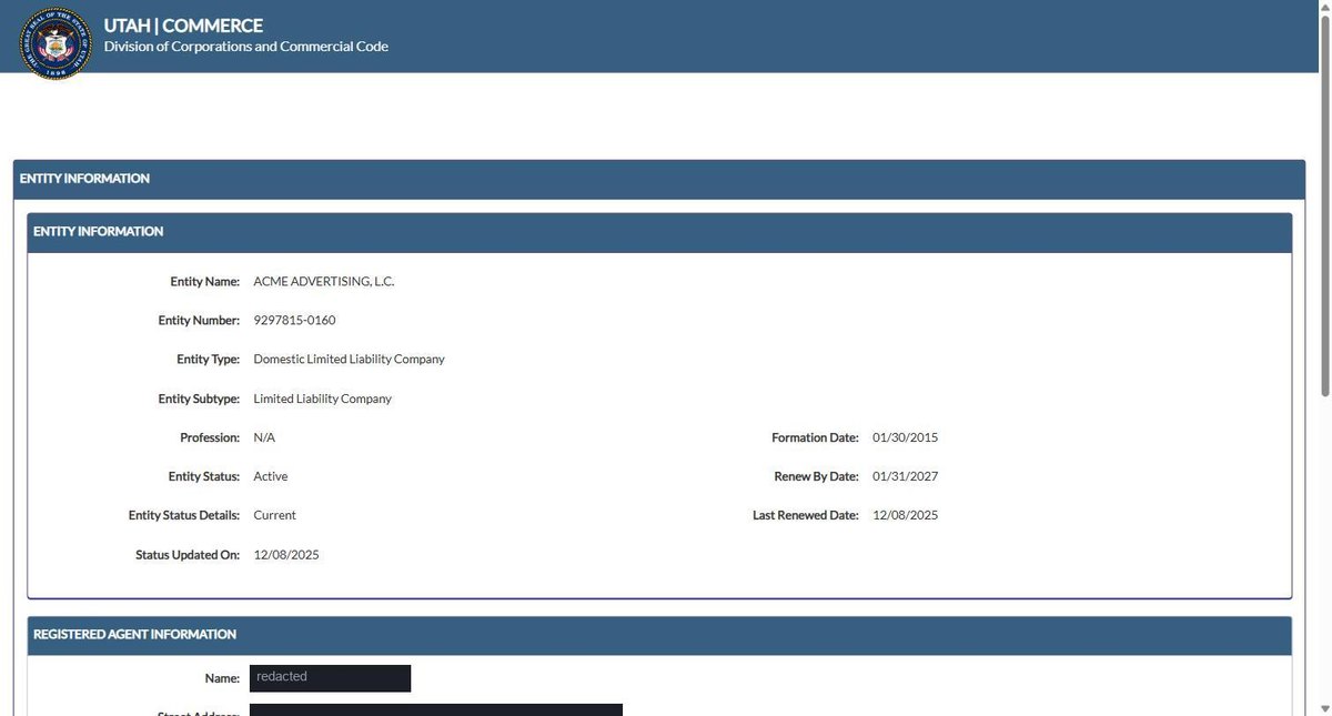 A single business entity record on the Utah register at businessregistration.utah.gov, showing entity name, number, type and subtype, profession where one applies, formation date, entity status with separate status details, the date the status was last updated, the renew by date. Personal names and addresses in this image are redacted.