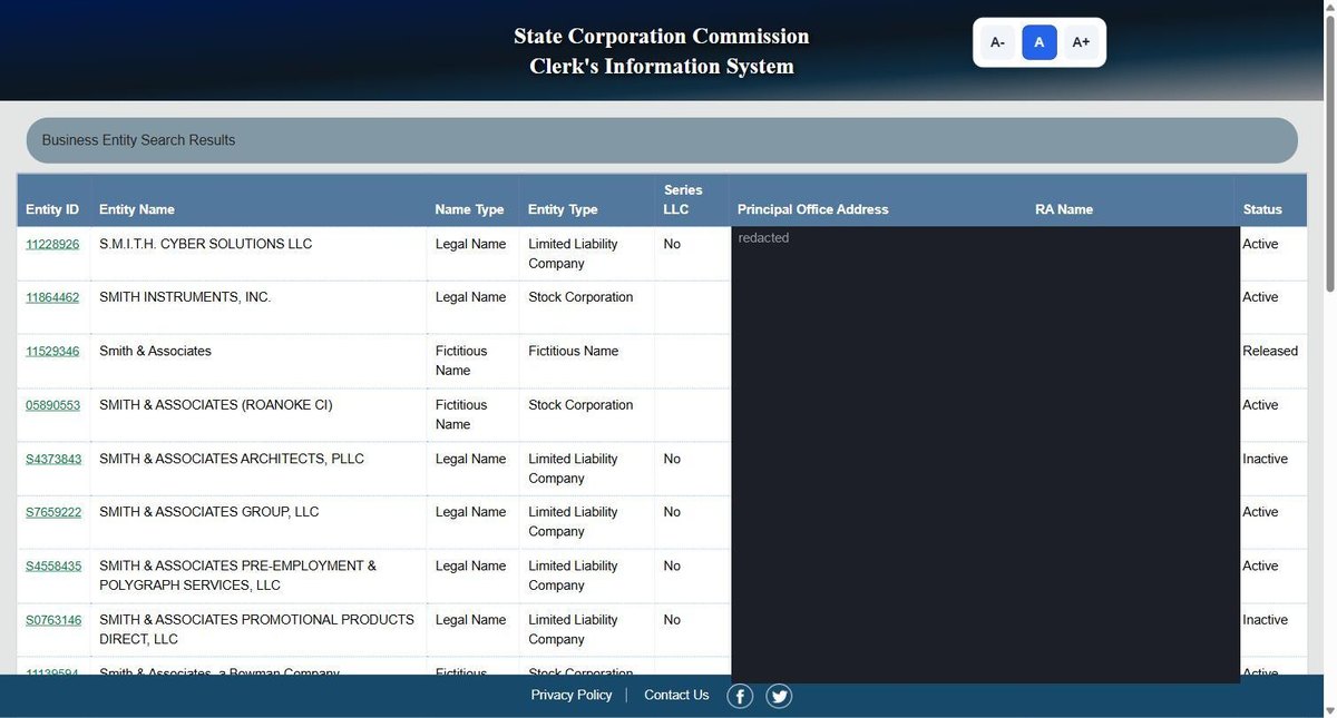 Virginia business entity search results on cis.scc.virginia.gov, listing the entity ID, the entity name, the name type, the entity type, whether it is a series LLC, the principal office address, the registered agent and its status for each entity. Personal names and addresses in this image are redacted.