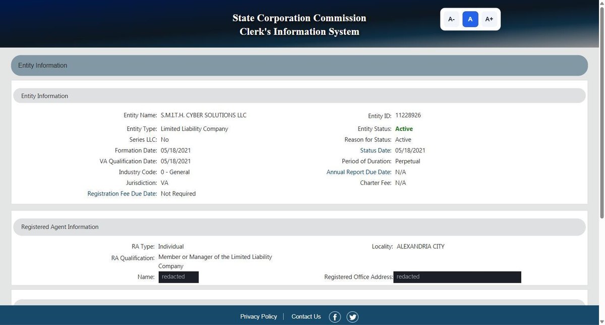 A single business entity record on the Virginia register at cis.scc.virginia.gov, showing formation date, status and the reason for it, status date, Virginia qualification date, period of duration, industry code, annual report due date, charter fee, registered agent type, qualification. Personal names and addresses in this image are redacted.