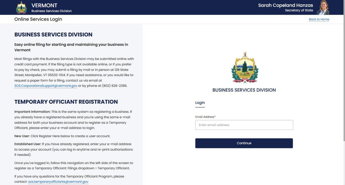 Vermont's portal redirecting to a login screen, which is not required to search but is the first thing presented.