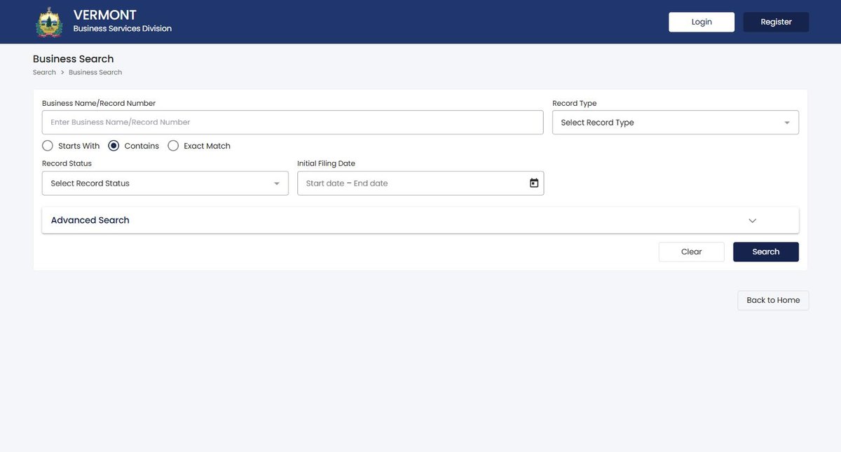 The Vermont business entity search on bizfilings.vermont.gov, run by the Vermont Secretary of State, offering business name, record number, principal name and filing number.