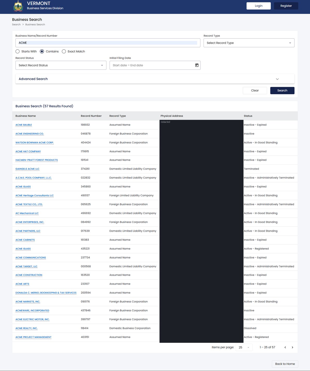 Vermont business entity search results on bizfilings.vermont.gov, listing the business name, the record number, the record type, the physical address and its status for each entity. Street addresses in this image are redacted.