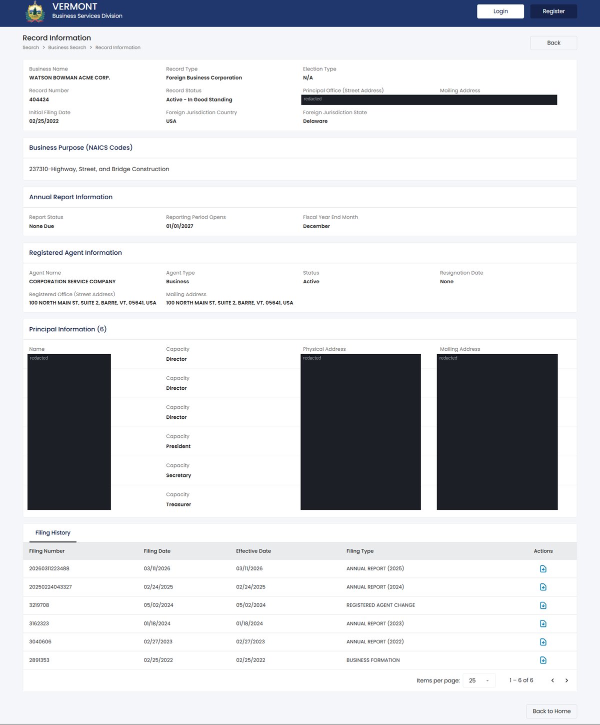 A single business entity record on the Vermont register at bizfilings.vermont.gov, showing business name, record type and election type, record number and record status, principal office and mailing addresses, initial filing date. Personal names and addresses in this image are redacted.