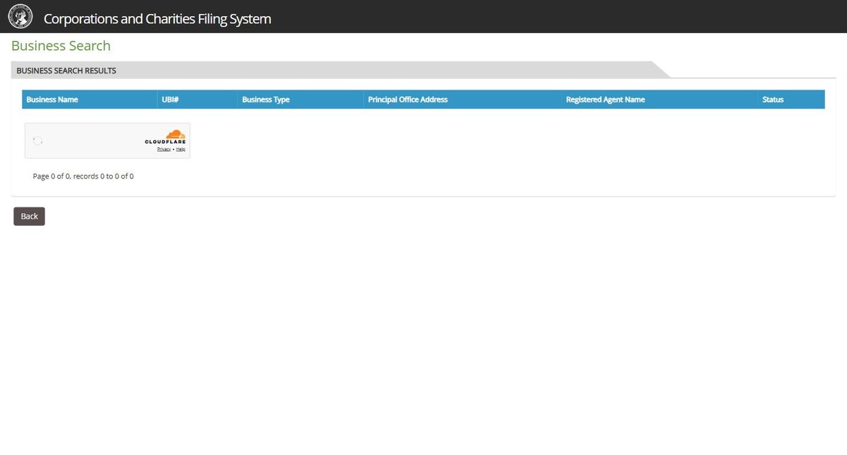 Washington business entity search results on ccfs.sos.wa.gov, listing the business name, the UBI number, the business type, the principal office address, the registered agent and its status for each entity.