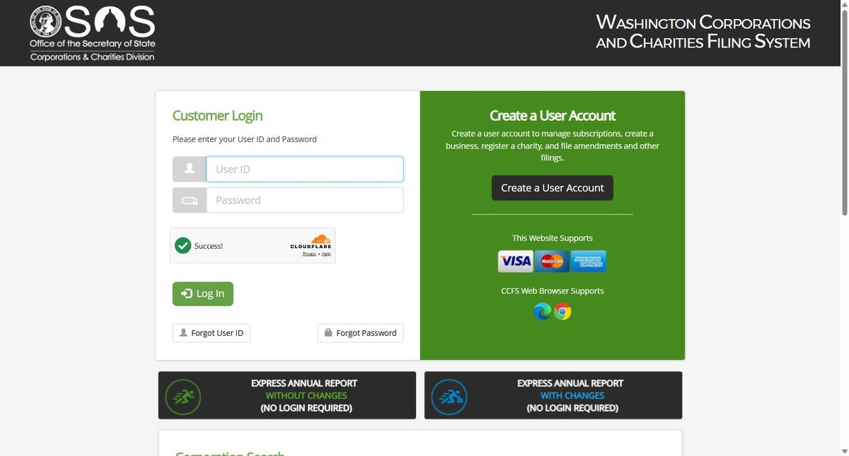 The Washington business entity search on ccfs.sos.wa.gov, run by the Washington Secretary of State, offering business name, UBI number, registered agent name and governor name. There is no match-mode setting on this screen.