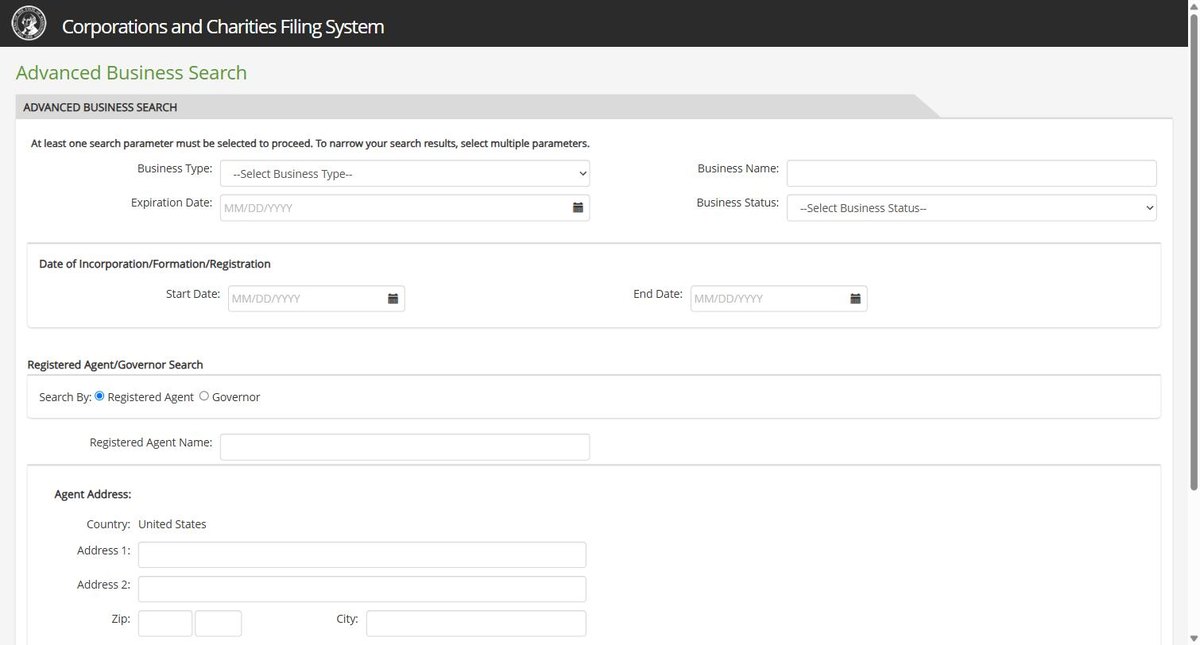 Advanced search options on the Washington business entity search, expanded. On the advanced search: business type, business status, an expiration date, a date of incorporation range, and a search by registered agent or governor including their address.