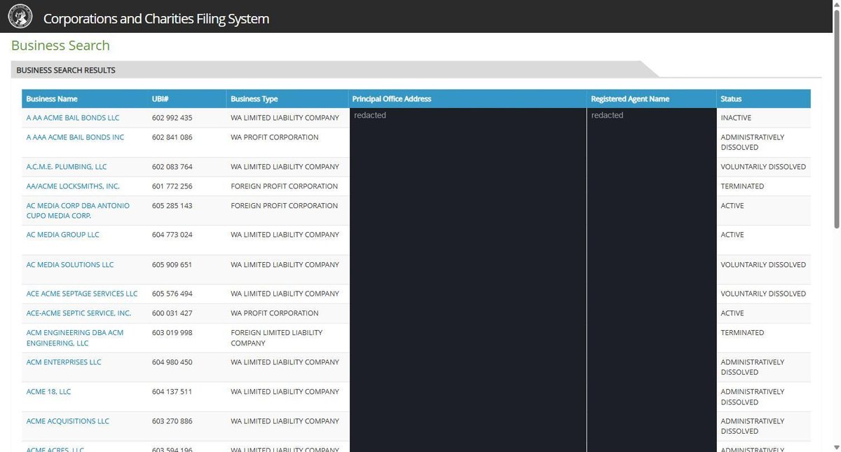 Washington business entity search results on ccfs.sos.wa.gov, listing the business name, the UBI number, the business type, the principal office address, the registered agent and its status for each entity. Personal names and addresses in this image are redacted.