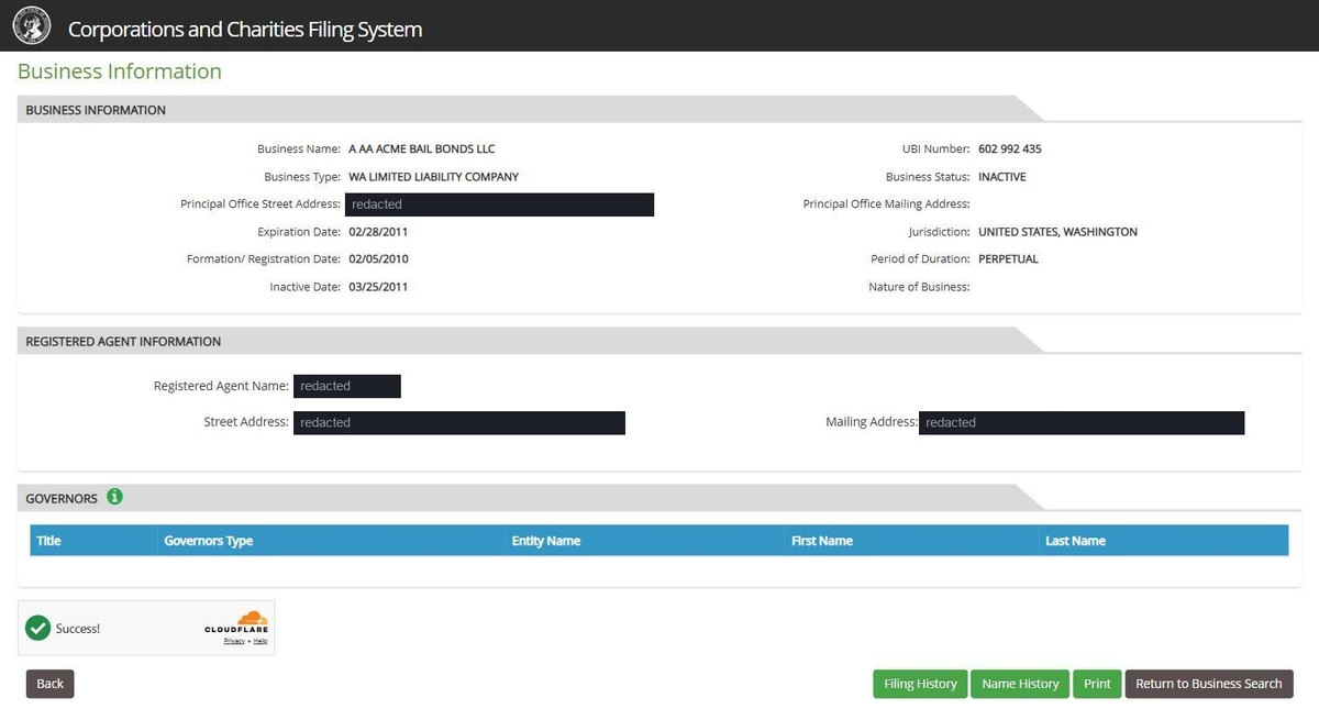 A single business entity record on the Washington register at ccfs.sos.wa.gov, showing Business Information: name, UBI number, business type, status, principal office street and mailing address, formation or registration date, expiration date, inactive date where one applies. Personal names and addresses in this image are redacted.