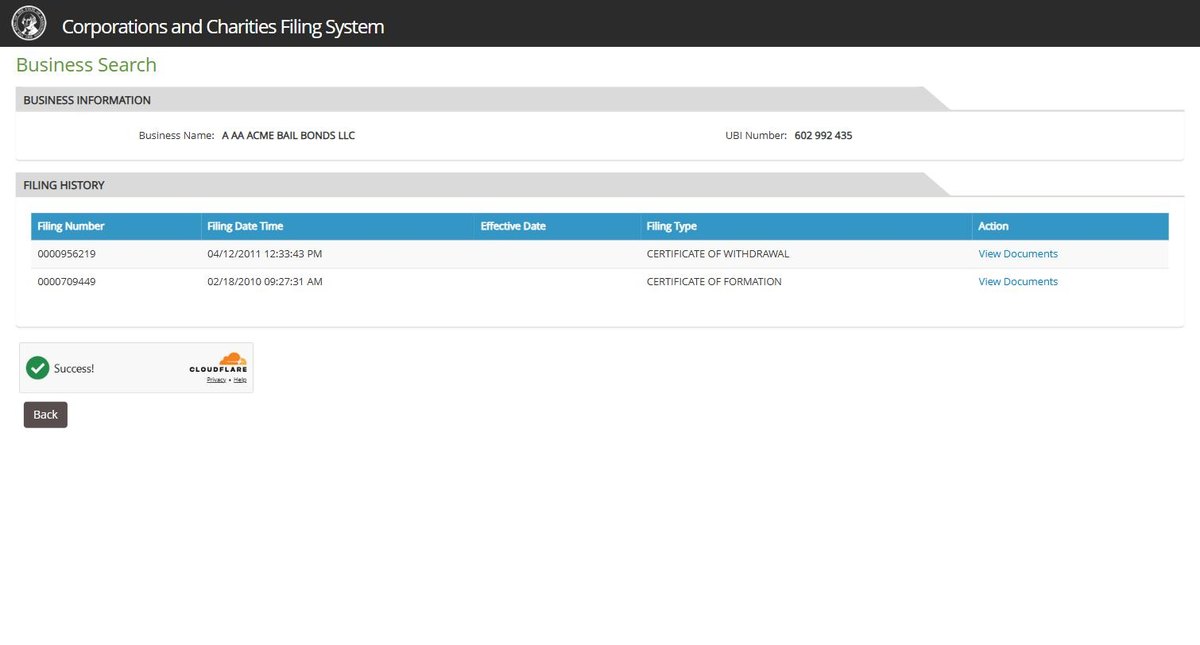 The filing history on a Washington record, where the filed documents can be opened without a fee.