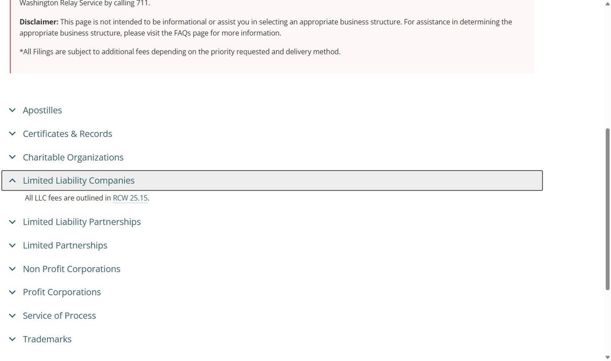 Washington's fee page, which gives the filing fee and points at the statute that sets it rather than stating it on the page alone.