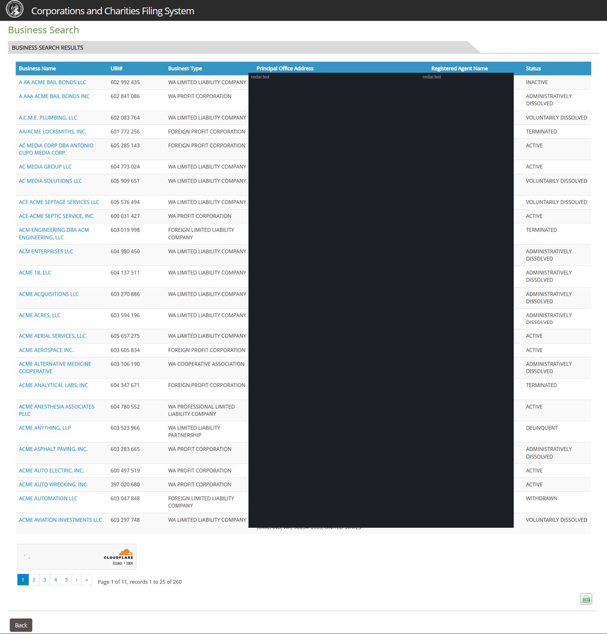 Washington business entity search results on ccfs.sos.wa.gov, listing the business name, the UBI number, the business type, the principal office address, the registered agent and its status for each entity. Personal names and addresses in this image are redacted.