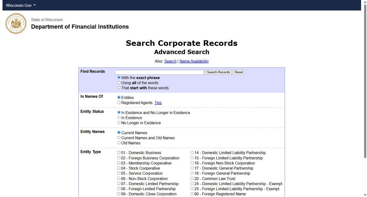Advanced search options on the Wisconsin business entity search, expanded. Match: with the exact phrase, using all of the words, or that start with these words. Status: in existence and no longer in existence, or either on its own.
