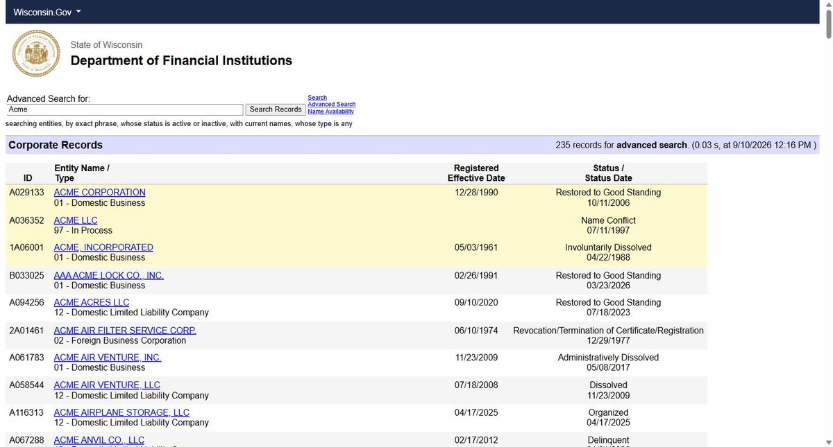 Wisconsin business entity search results on apps.dfi.wi.gov, listing the ID, the entity name with its numbered type, the registered effective date and the status with the date it took effect for each entity.