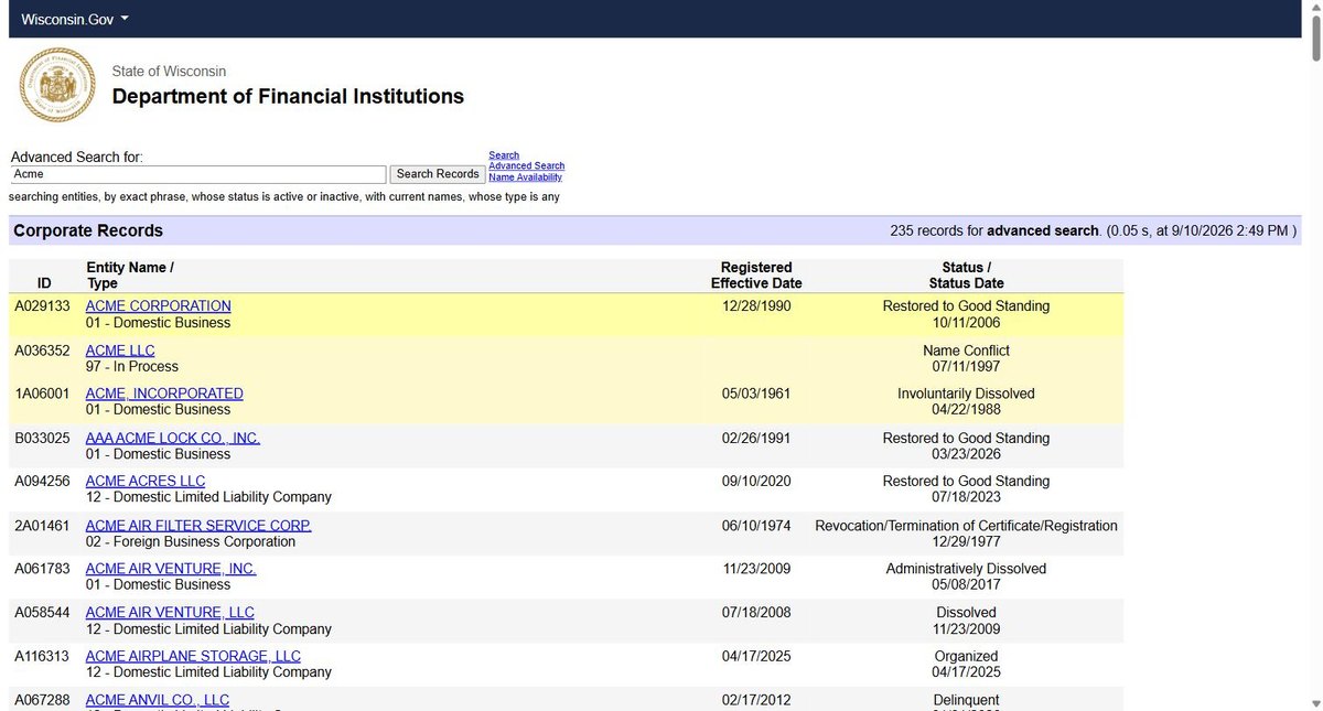 A single business entity record on the Wisconsin register at apps.dfi.wi.gov, showing Vital Statistics with entity ID, registered effective date, period of existence, status and status date, entity type.