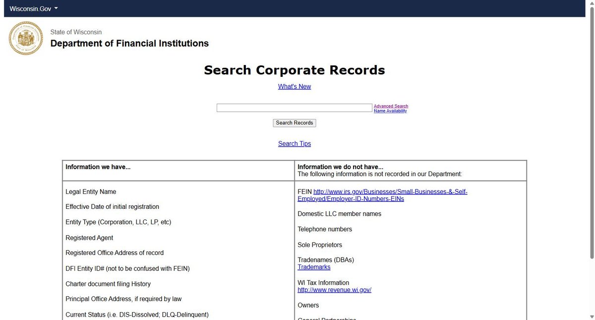 The Wisconsin business entity search on apps.dfi.wi.gov, run by the Wisconsin Department of Financial Institutions, offering name or keyword in one box, advanced search and separate Name Availability tool.