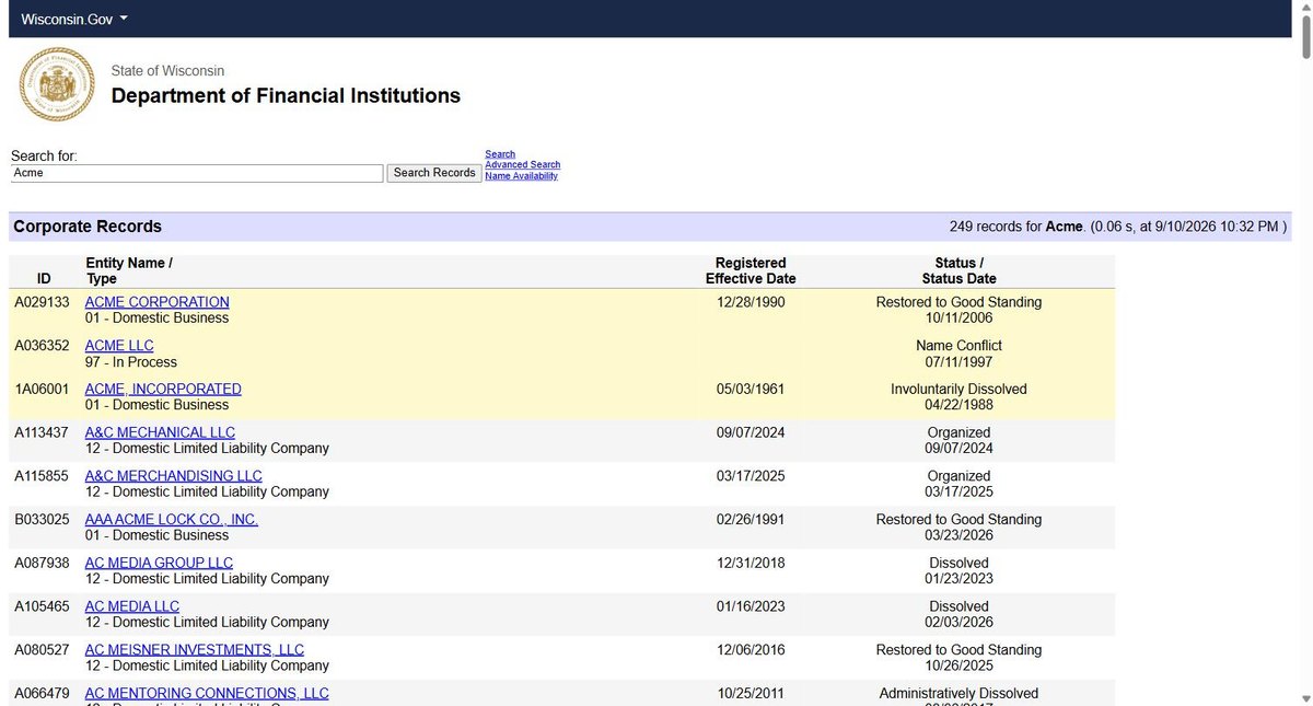 Wisconsin business entity search results on apps.dfi.wi.gov, listing the ID, the entity name with its numbered type, the registered effective date and the status with the date it took effect for each entity.