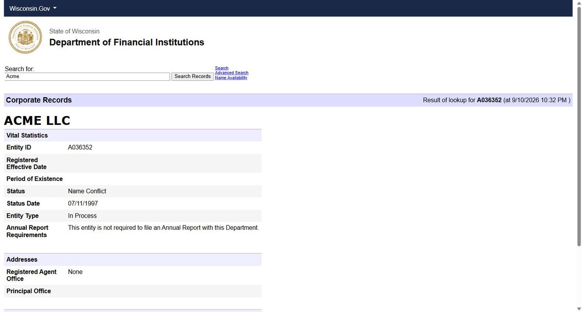 A single business entity record on the Wisconsin register at apps.dfi.wi.gov, showing Vital Statistics with entity ID, registered effective date, period of existence, status and status date, entity type.