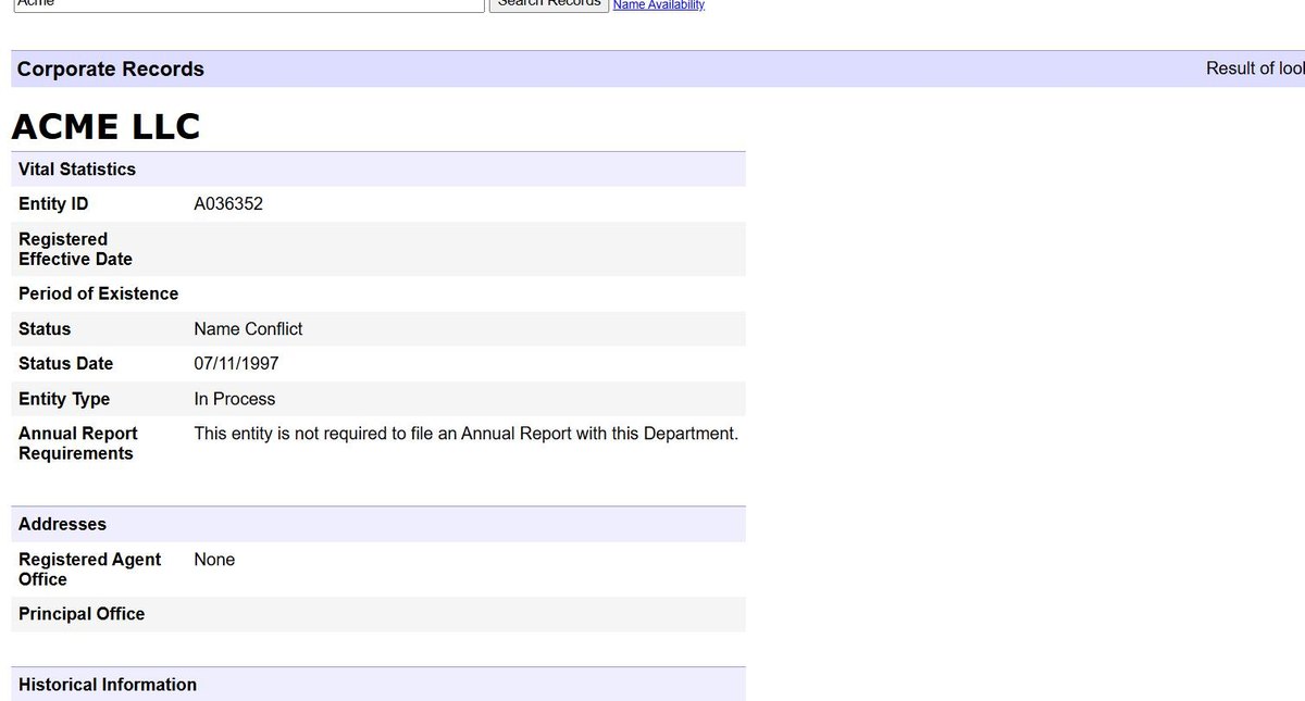 A single business entity record on the Wisconsin register at apps.dfi.wi.gov, showing Vital Statistics with entity ID, registered effective date, period of existence, status and status date, entity type.