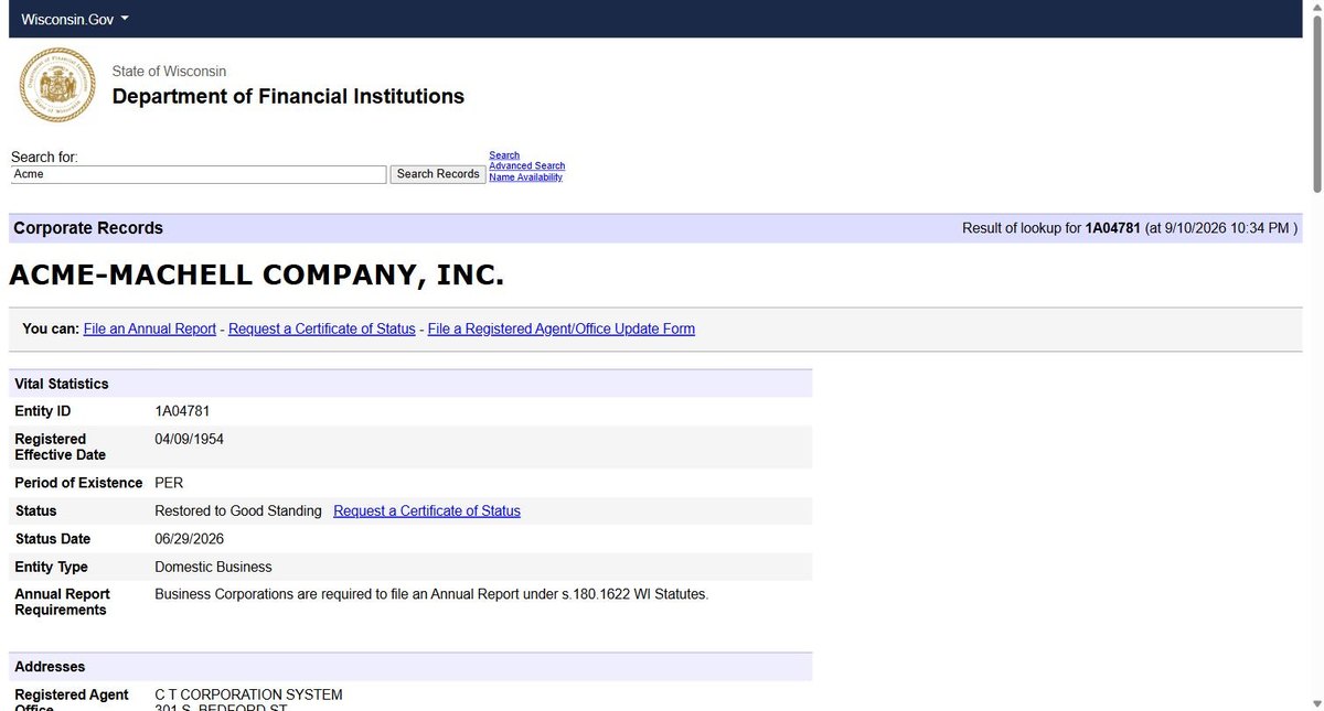 A single business entity record on the Wisconsin register at apps.dfi.wi.gov, showing Vital Statistics with entity ID, registered effective date, period of existence, status and status date, entity type.