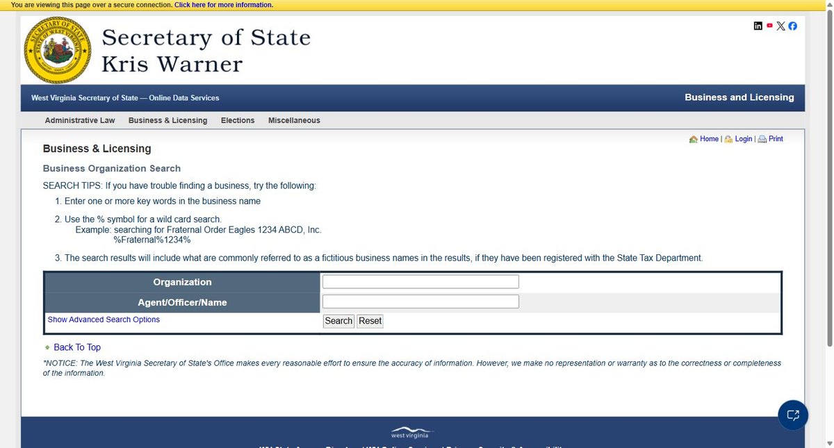 The West Virginia business entity search on apps.sos.wv.gov, run by the West Virginia Secretary of State, offering organization name and agent, officer or name.
