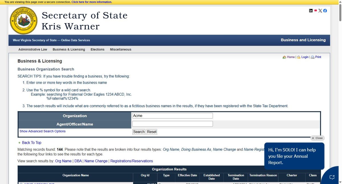 West Virginia business entity search results on apps.sos.wv.gov, listing the organization name, the org ID, the type, the effective date, the established date, the termination date, the reason it was terminated, the charter and the class for each entity.