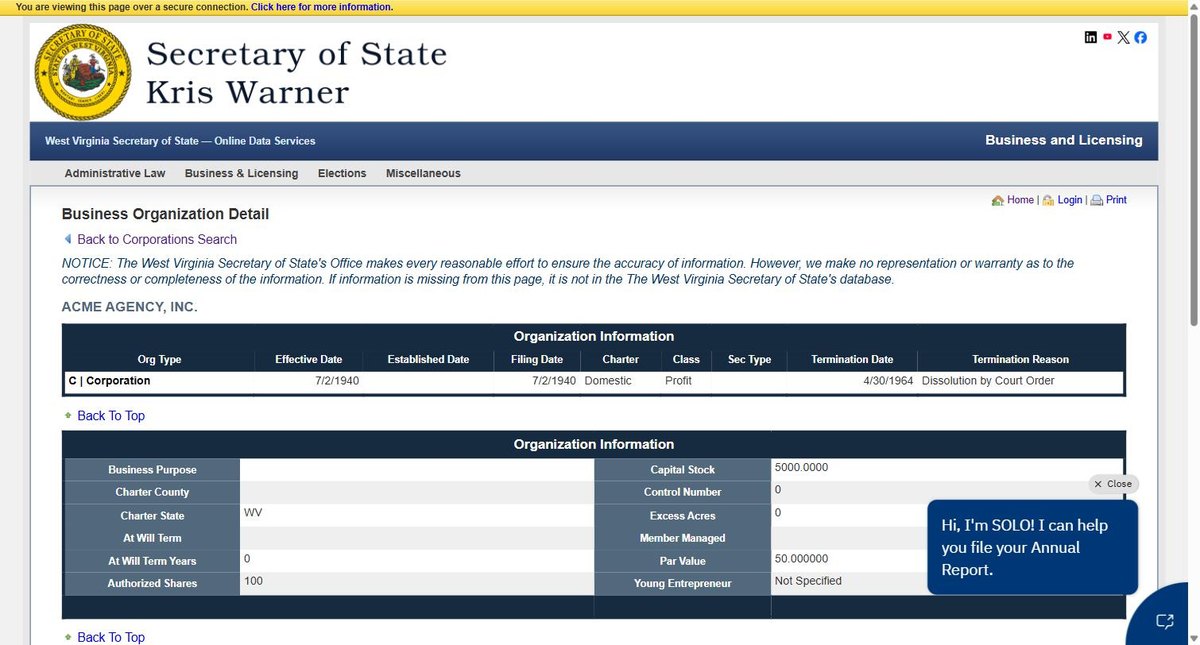 A single business entity record on the West Virginia register at apps.sos.wv.gov, showing organisation type, class and whether it is domestic or foreign, effective, established and filing dates, the charter, termination date and the reason for it, business purpose and charter county.