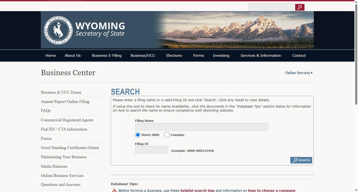 The Wyoming business entity search on wyobiz.wyo.gov, run by the Wyoming Secretary of State, offering filing name and filing ID.
