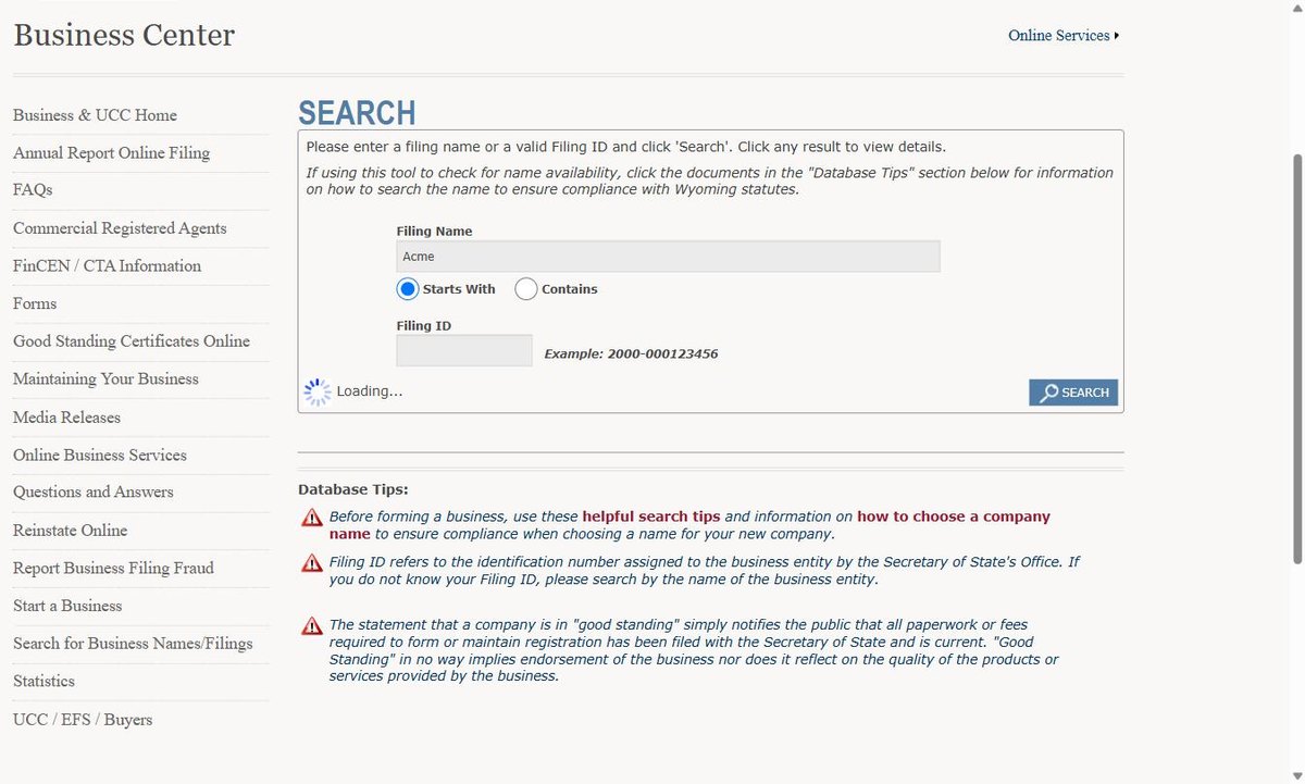 Wyoming's search stalled while loading, a state the portal sits in for some seconds before results appear.