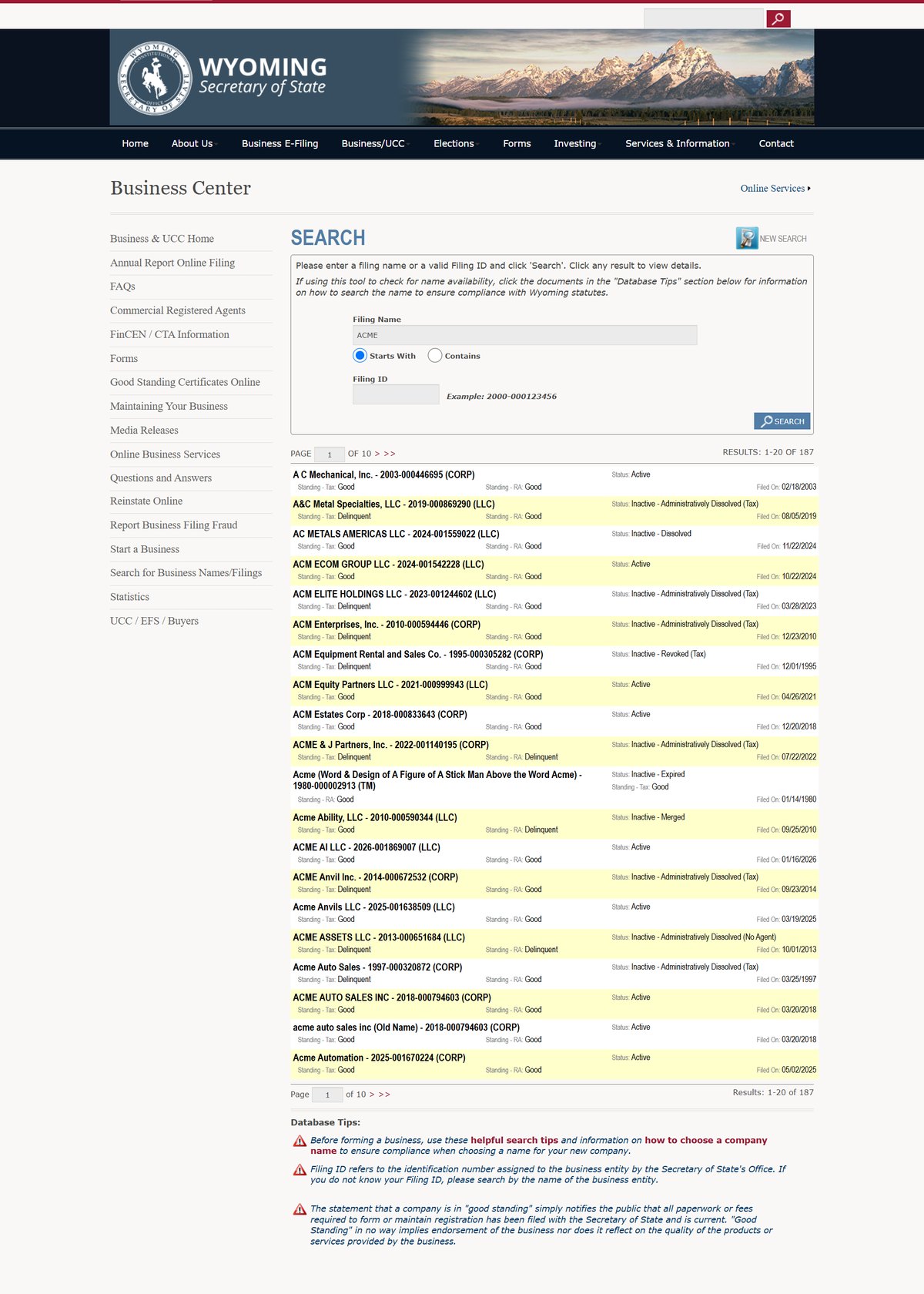 Wyoming business entity search results for ACME, paginated across several pages. Each row gives the filing name, filing ID and entity type, then three separate standings on the row itself - Standing Tax, Standing RA and the overall status - with the filing date on the right. Database Tips sit beneath the results, including the state's note that good standing implies no endorsement of the business.