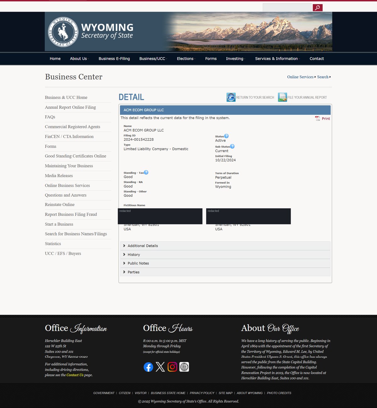A single business entity record on the Wyoming register at wyobiz.wyo.gov, showing Name, Filing ID, Type, Initial Filing date, Term of Duration, state Formed In, Fictitious Name where one exists, Principal Office and Mailing Address, plus the five status fields above. Street addresses in this image are redacted.
