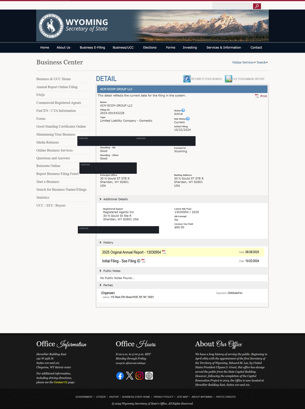 A single business entity record on the Wyoming register at wyobiz.wyo.gov, showing Name, Filing ID, Type, Initial Filing date, Term of Duration, state Formed In, Fictitious Name where one exists, Principal Office and Mailing Address, plus the five status fields above. Personal names and addresses in this image are redacted.